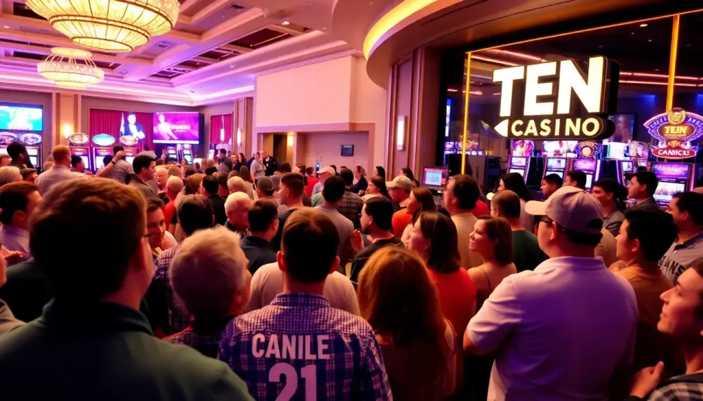 A group of excited players gathers around a gaming table at TenCasino, eagerly discussing the latest promotions and strategies as colorful lights flash in the background.