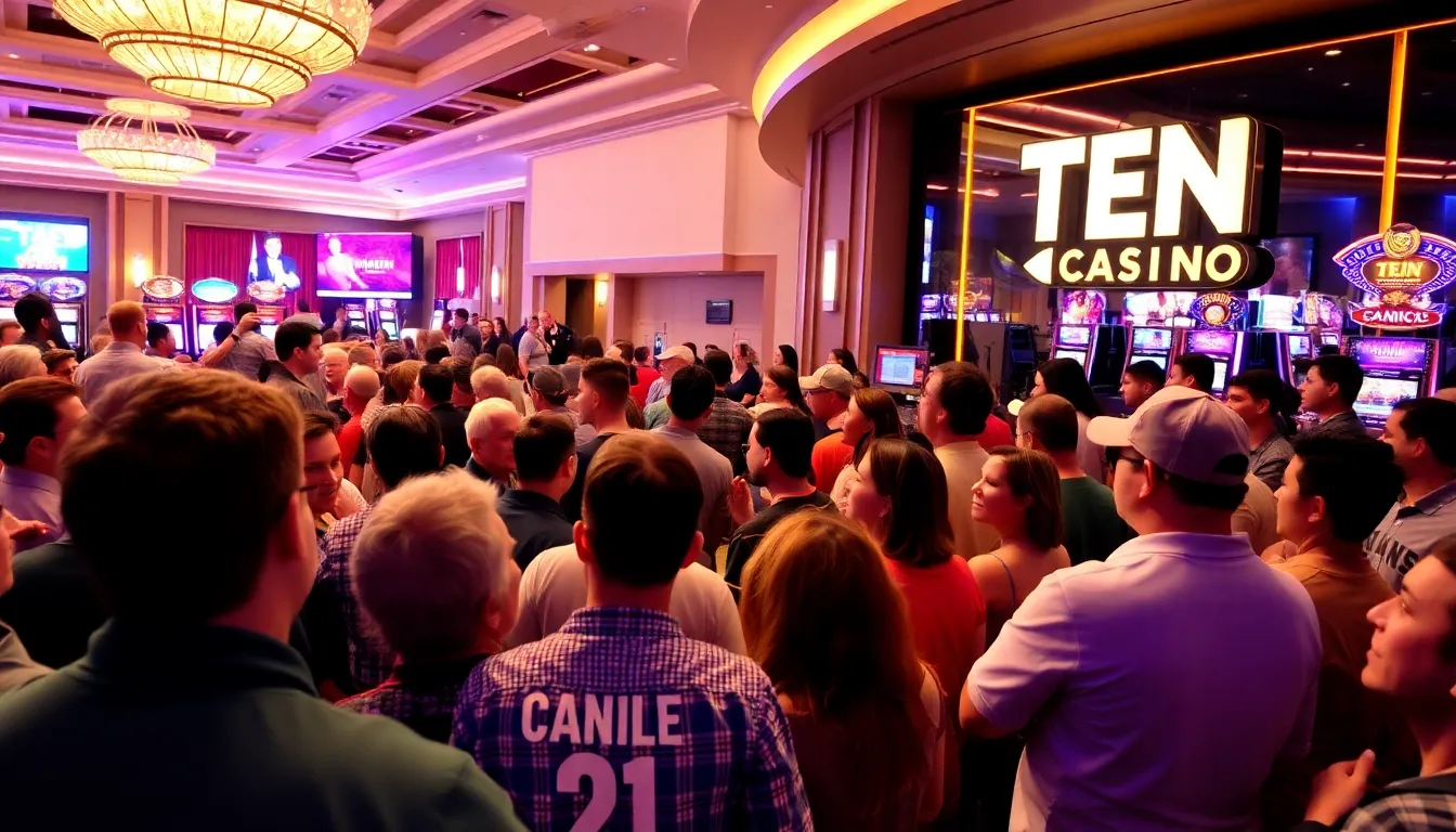 A group of excited players gathers around a gaming table at TenCasino, eagerly discussing the latest promotions and strategies as colorful lights flash in the background.